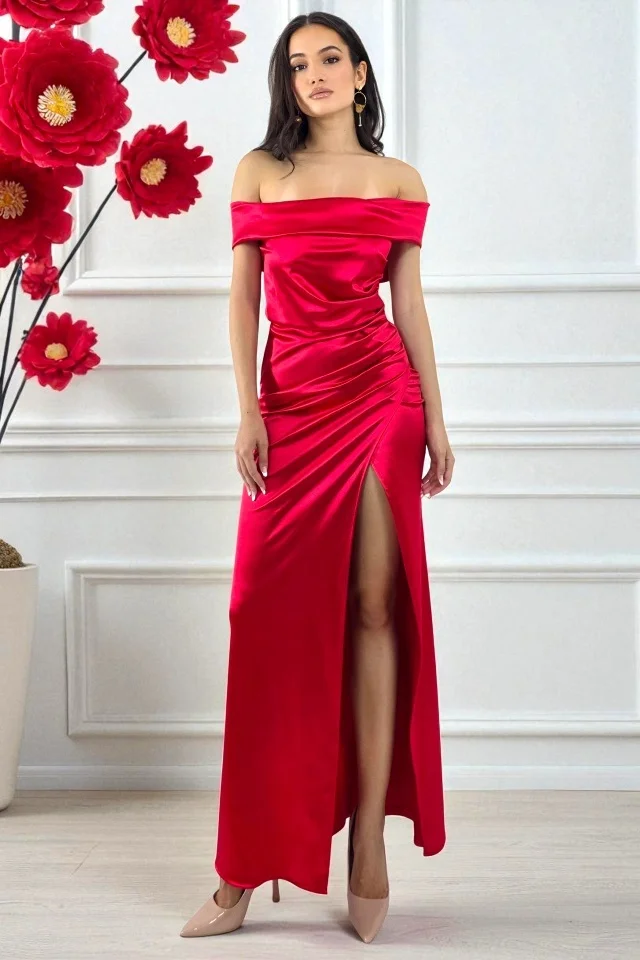 Rochie lunga de seara, DHALIA cu decolteu bateau pe umeri, Rosu, Marime S/M