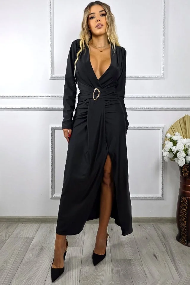 Rochie lunga de seara Nefertiti, cu detaliu metalic in talie, Negru, Marime S/M