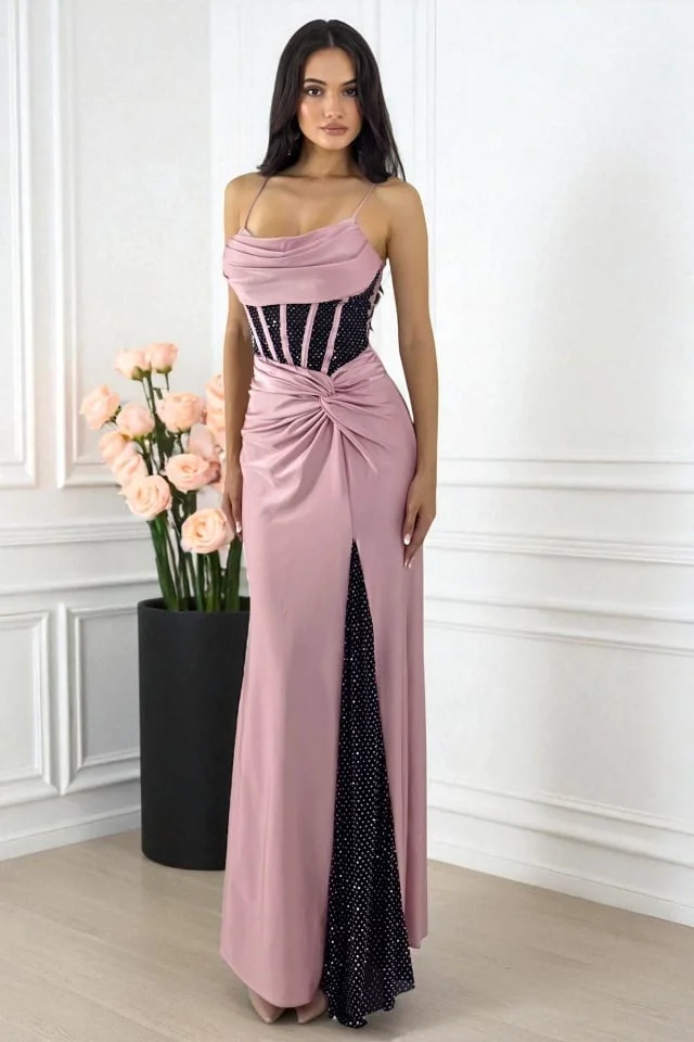 Rochie lunga de seara SYREN, in doua nuante si paiete, Roz prafuit, Marime S/M