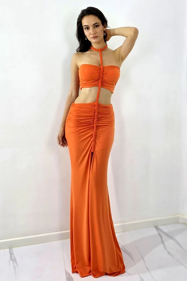 Rochie lunga de vara ELPIRI, croi decupat cu impletituri, Portocaliu, Marime S/M