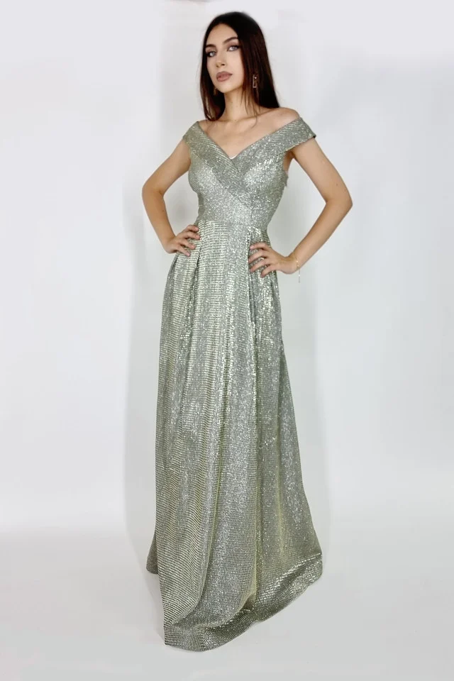 Rochie lunga Elize, cu pliuri definite si decolteu cu mansete pe umeri, Auriu olive, Marime S/M