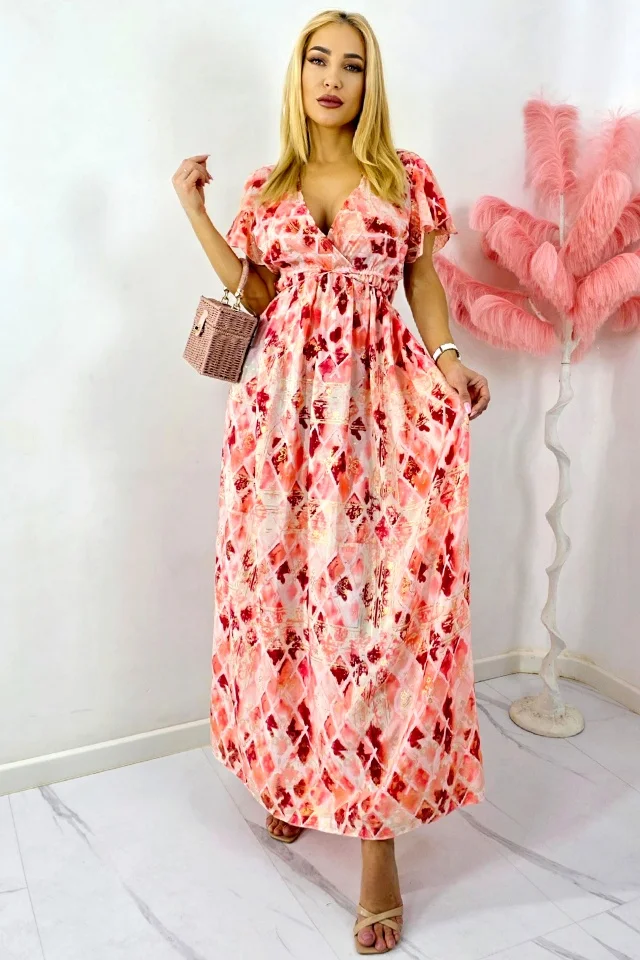 Rochie lunga ISHANI, cu aspect matasos si ciucuri decorativi, Corai, Marime S/M/L