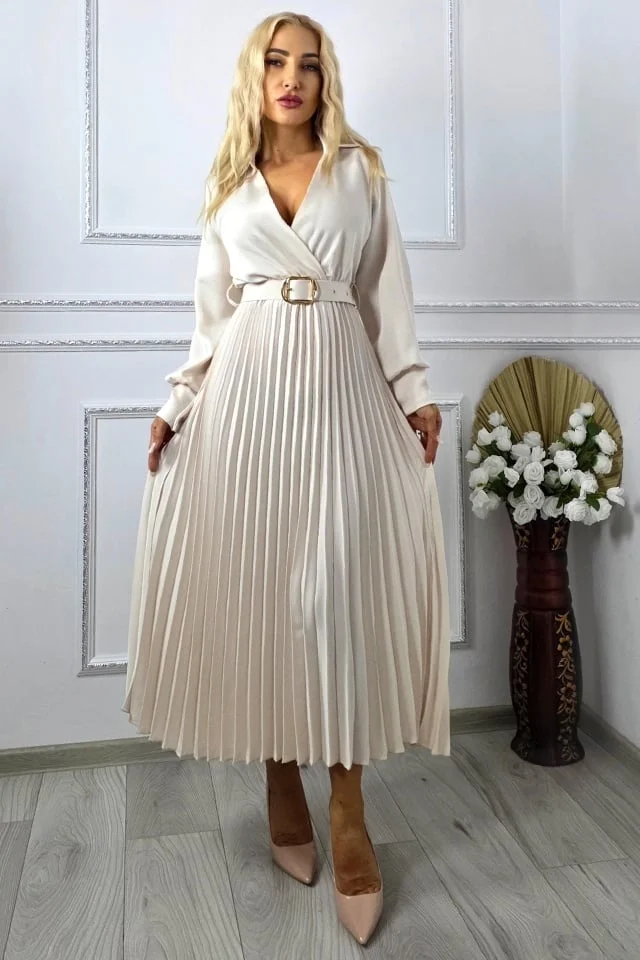 Rochie lunga plisata NOVARA, decolteu petrecut si revere, Crem, Marime S/M