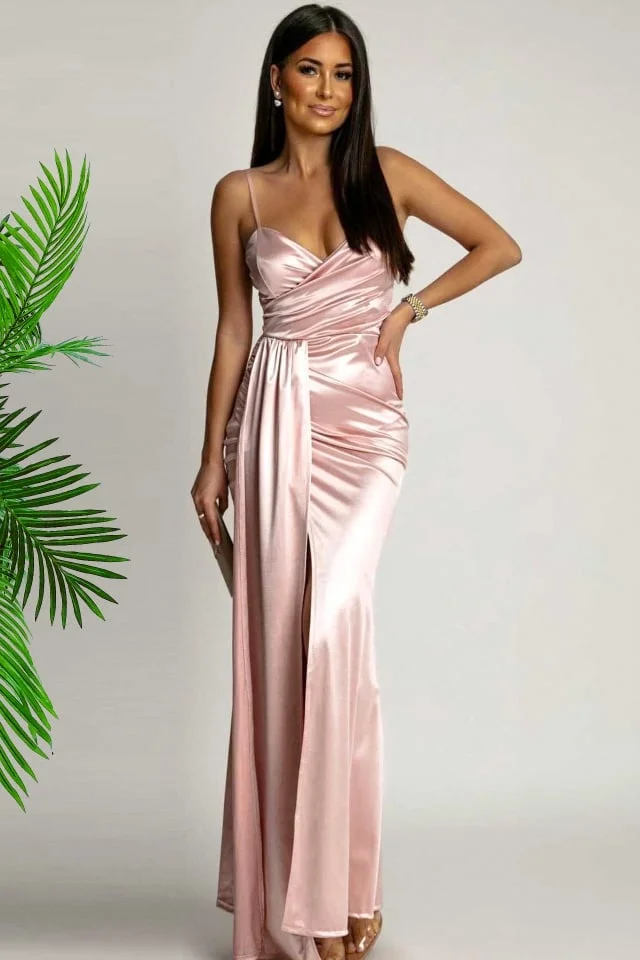 Rochie lunga satinata, OLyna, cu crapatura pe picior si fald, Roz pudrat, Marime S/M