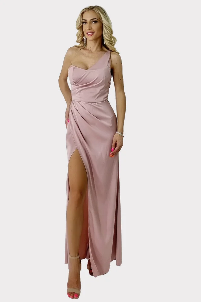 Rochie lunga Sharron, cu slit amplu pe picior si bretea pe un umar, Roz deschis, Masura S/M