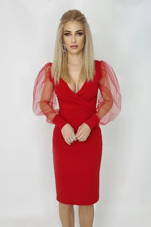 Rochie midi Zephyr, bodycon, cu decolteu amplu si maneci lungi din voal, Rosu, Marime S/M
