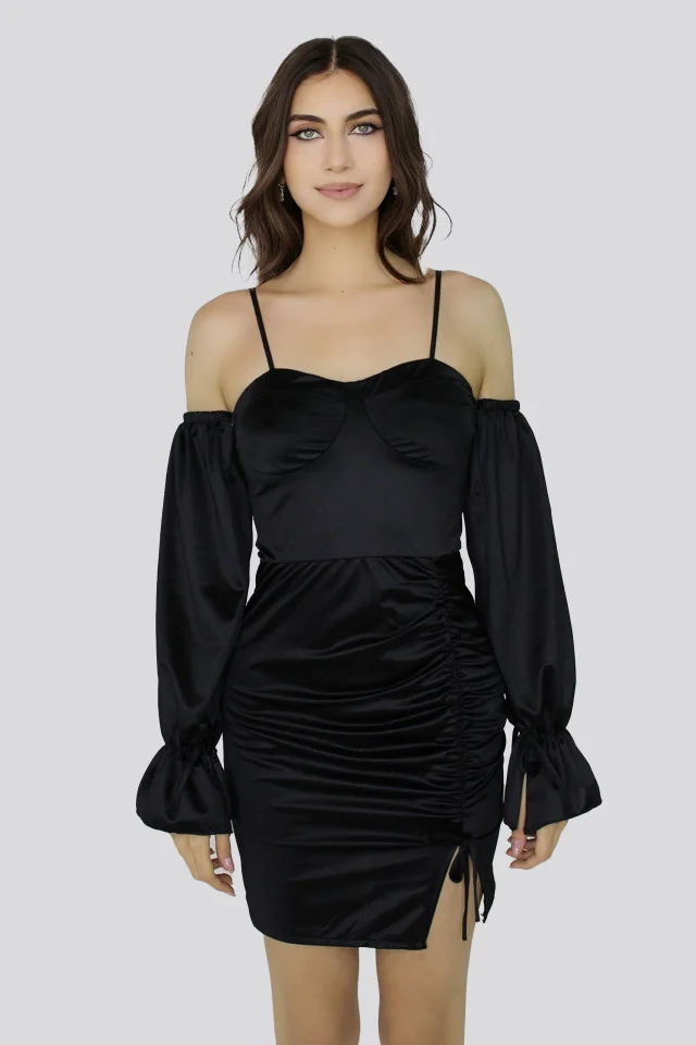 Rochie mini Roxana din satin, Negru, Marime S/M