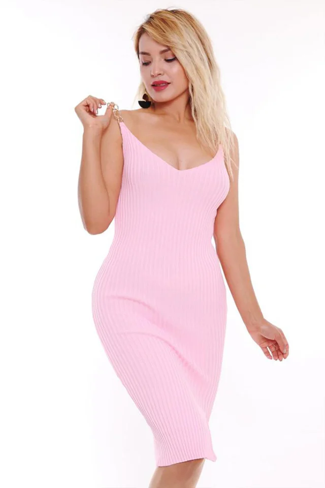 Rochie mulata Sofy, cu bretele din lant, Roz pal, Marime S/M