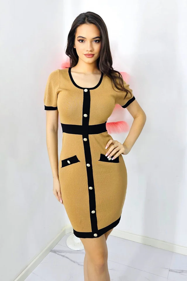 Rochie office Diana, tricot, cu buzunare decorative si maneca scurta, Bej, Marime S/M