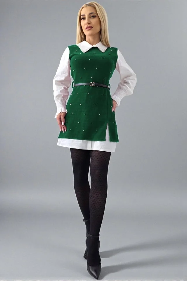 Rochie office tip camasa Iuliana, cu sarafan, paiete si curea, Verde, Marime S/M