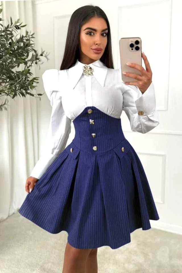 Rochie office tip camasa TOMYNA, bumbac si brosa inclusa, Bleumarin, Marime S/M