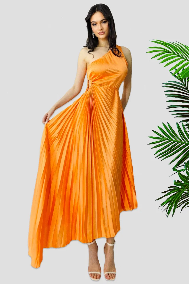 Rochie plisata asimetrica Elza, cu decupaj in zona taliei, Portocaliu, Marime S/M