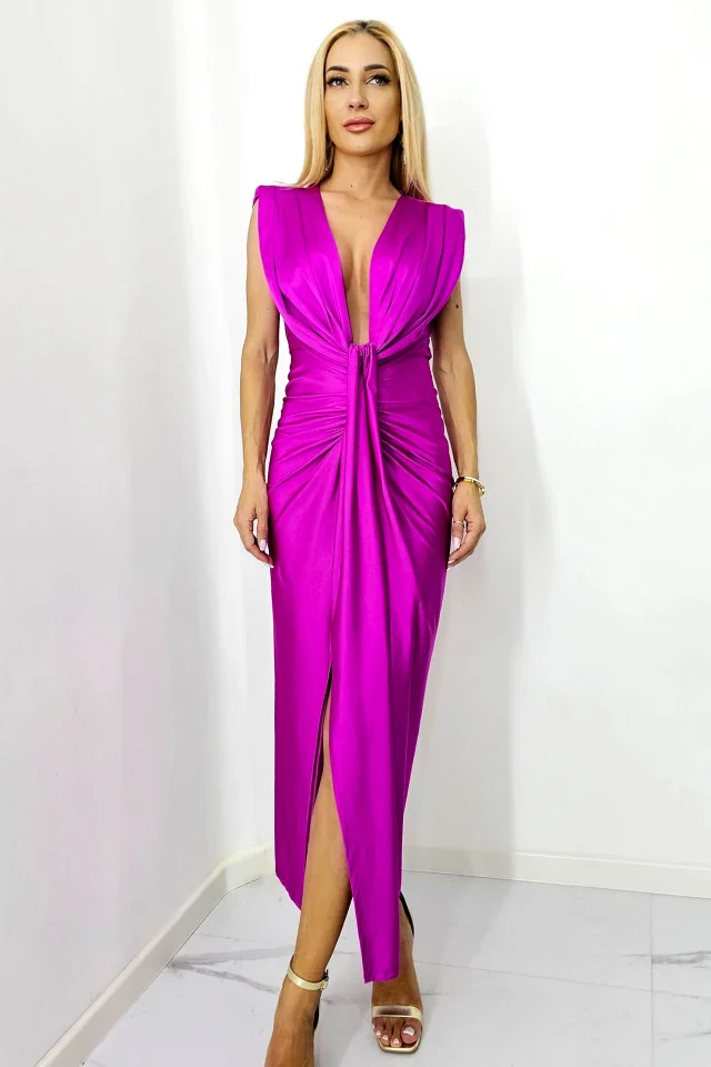 Rochie satinata Ilaria, croiala conica si decolteu adanc, Fucsia, Marime S/M