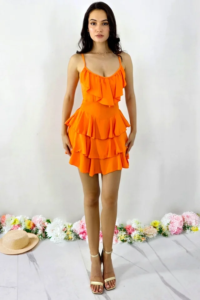 Rochie scurta AUGUSTina, babydoll cu volane asimetrice, Orange, Marime S/M