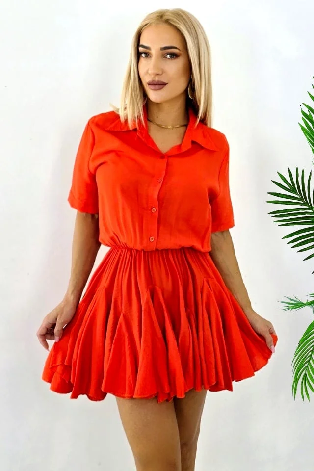 Rochie scurta, de zi, Peony, cu volum si volane, Portocaliu, Marime S/M