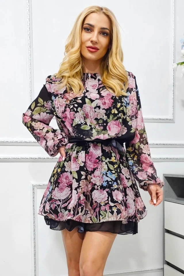 Rochie scurta eleganta StarFlow, cu jupa asimetrica si cordon in talie, Negru floral, Marime universala S/M
