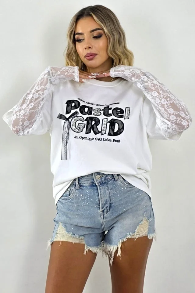 Rochie tricou ASLEY, din bumbac, cu maneci din dantela, ALB Pastel, Marime S/M