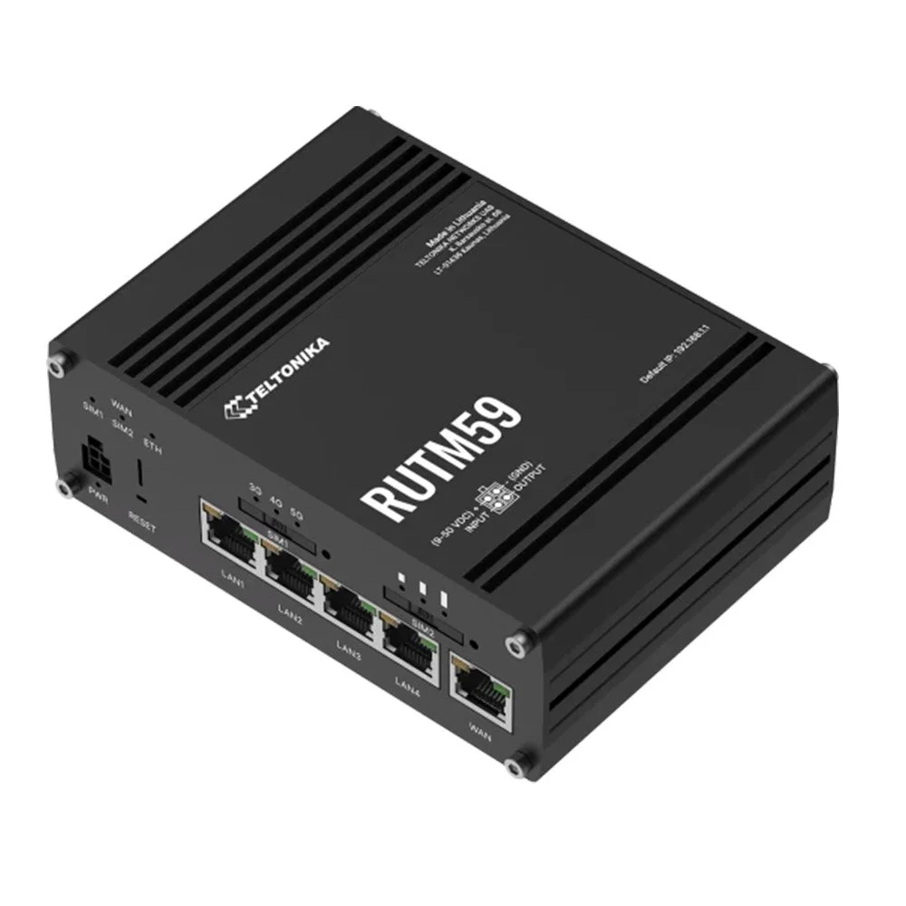 Router industrial 5G dual SIM Teltonika RUTM59, NSA 2.4, Cat19, 3.4 Gbps, 4x4 MIMO, IoT, 1x WAN, 4x LAN, GNNS