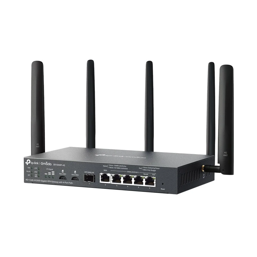 Router VPN 4G+Cat6 dual band TP-Link ER706WP-4G, WiFi 6, 2.4/5 GHz, 2402 Mbps, VPN, Omada, Mu-Mimo, PoE+