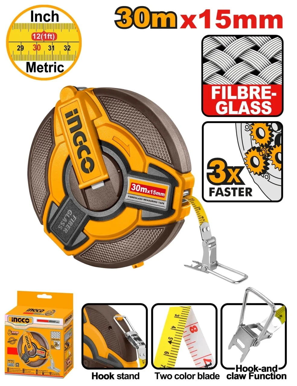 Ruleta cu banda de fibra 30m x 15mm, retragere rapida 3:1, scala metrica si inch, INGCO HFMT1830
