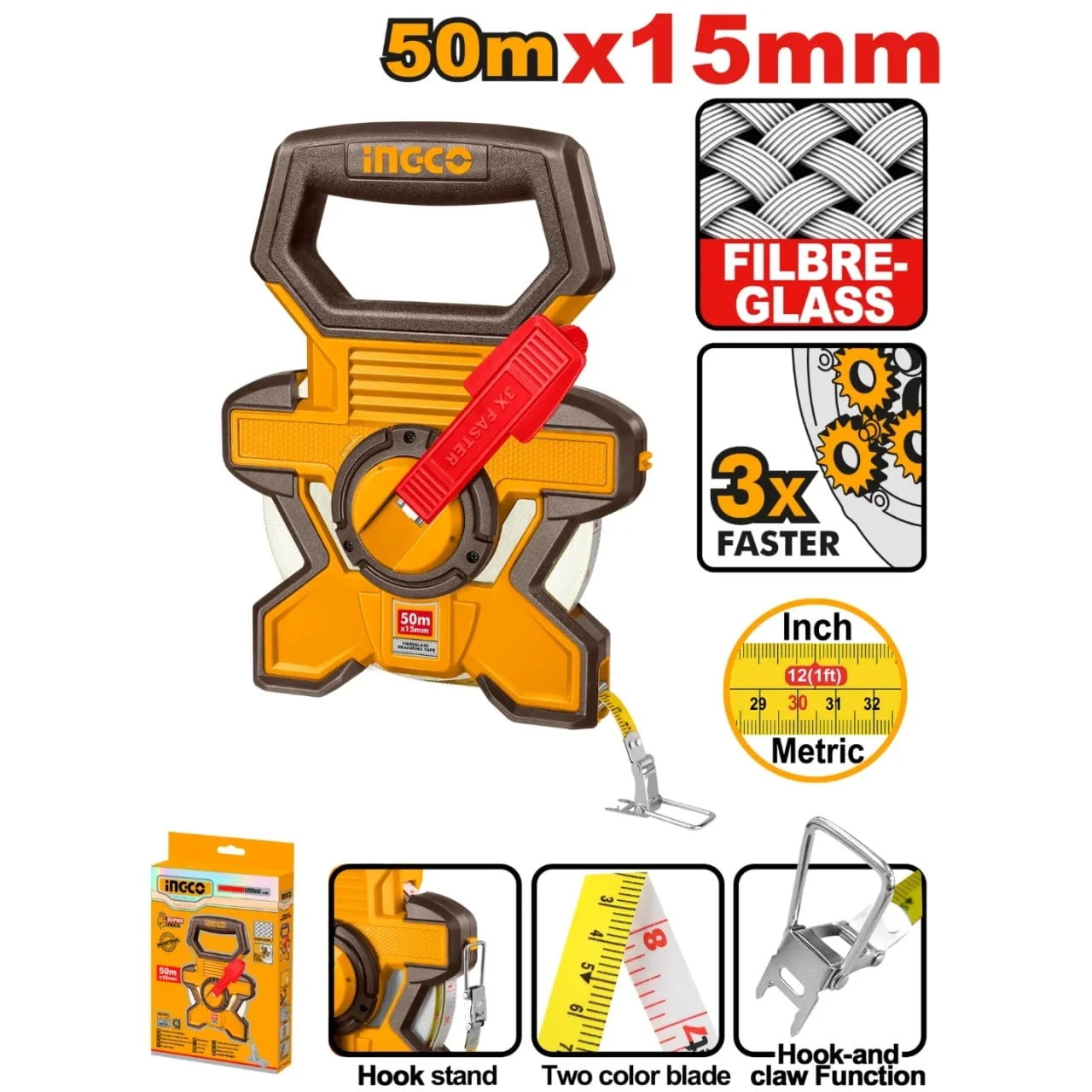 Ruleta cu banda de fibra 50m x 15mm, sistem dual metric/inch, INGCO HFMT1850