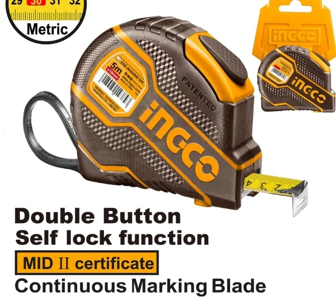 Ruleta magnetica profesionala 5m x 25mm, banda nylon, carcasa cauciucata, INGCO HSMT88051E