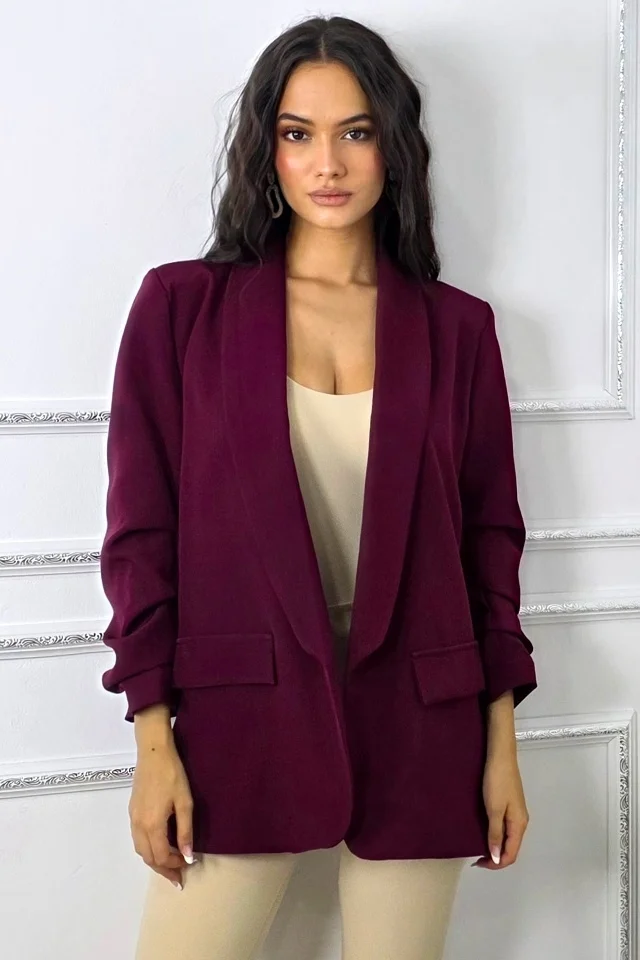 Sacou casual Alessia, cu revere si buzunare decorative, Burgundy, Marime S/M