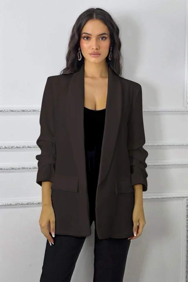 Sacou cu maneca incretita Alessia si buzunare decorative, Maro inchis, Marime S/M