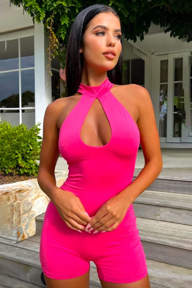 Salopeta bumbac Evitta, cu guler choker si inchidere cu fermoar, Roz