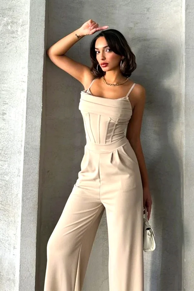 Salopeta de seara ORALIA, cu bretele subtiri si talie evidentiata, Crem, Marime S/M