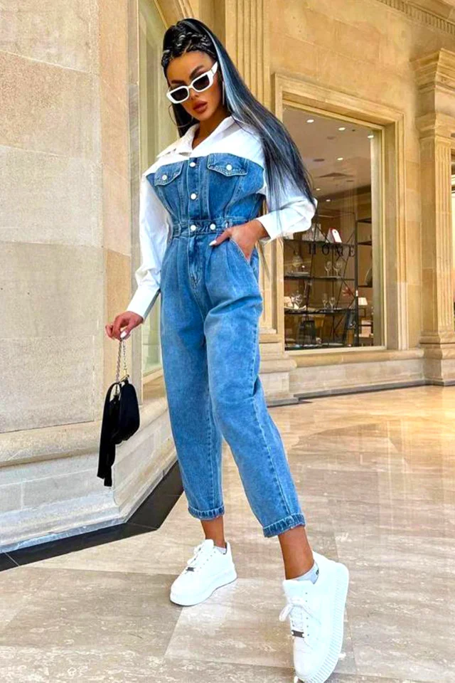 Salopeta din denim Phares, din doua texturi si talie evidentiata, Albastru/Alb