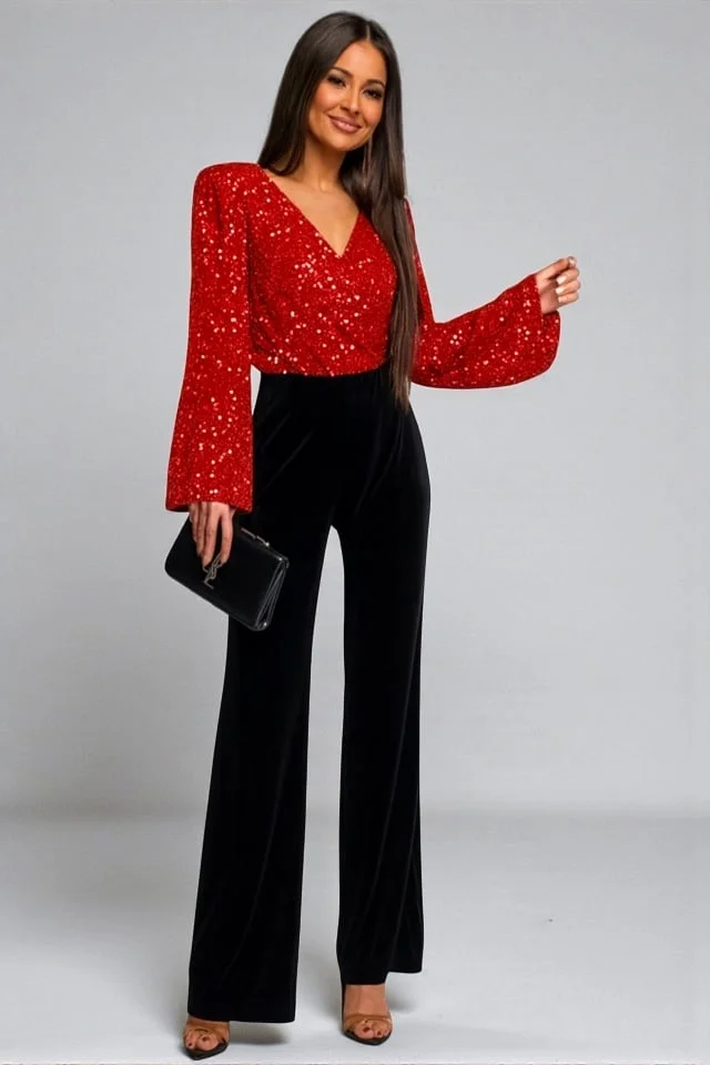 Salopeta lunga semidecupata AVEN, din catifea cu paiete, Rosu, Marime S/M