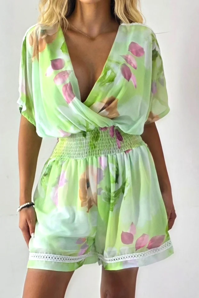 Salopeta scurta Yonela, cu imprimeu floral si detalii brodate, Alb-Verde