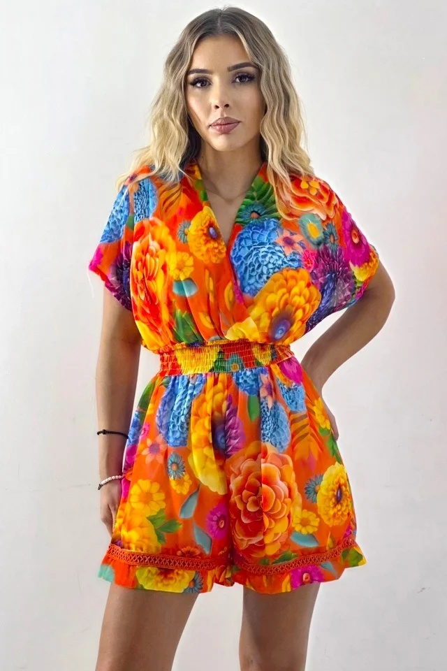 Salopeta scurta Yonela, cu imprimeu floral si detalii brodate, Portocaliu