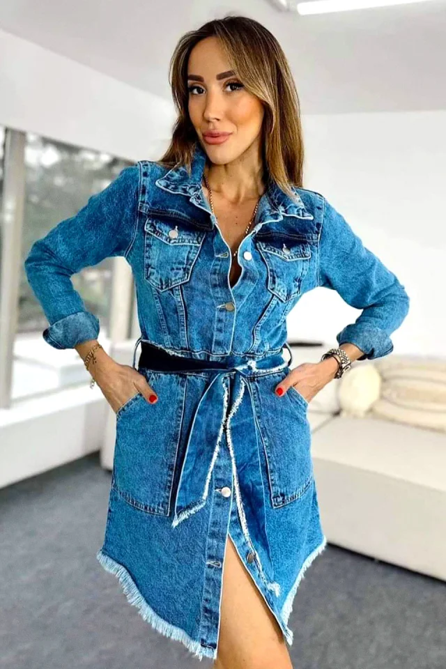 Sarafan asimetric Mera, din denim, cordon si maneca lunga, Albastru