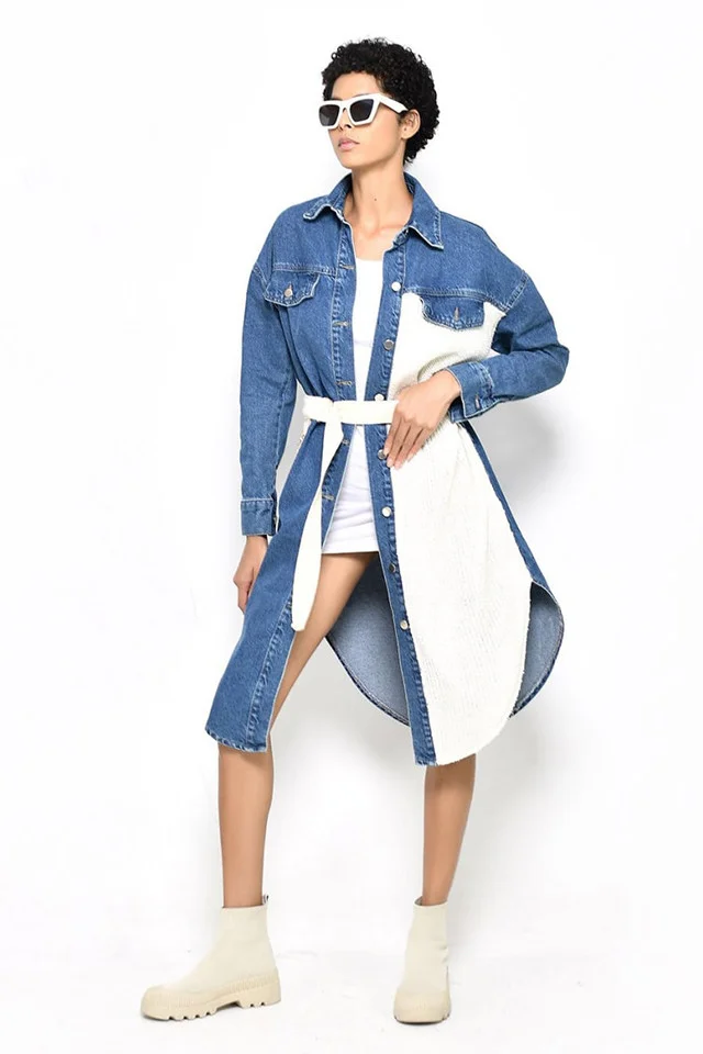 Sarafan Vivole, denim, inchidere cu nasturi, cordon in talie, bicolor