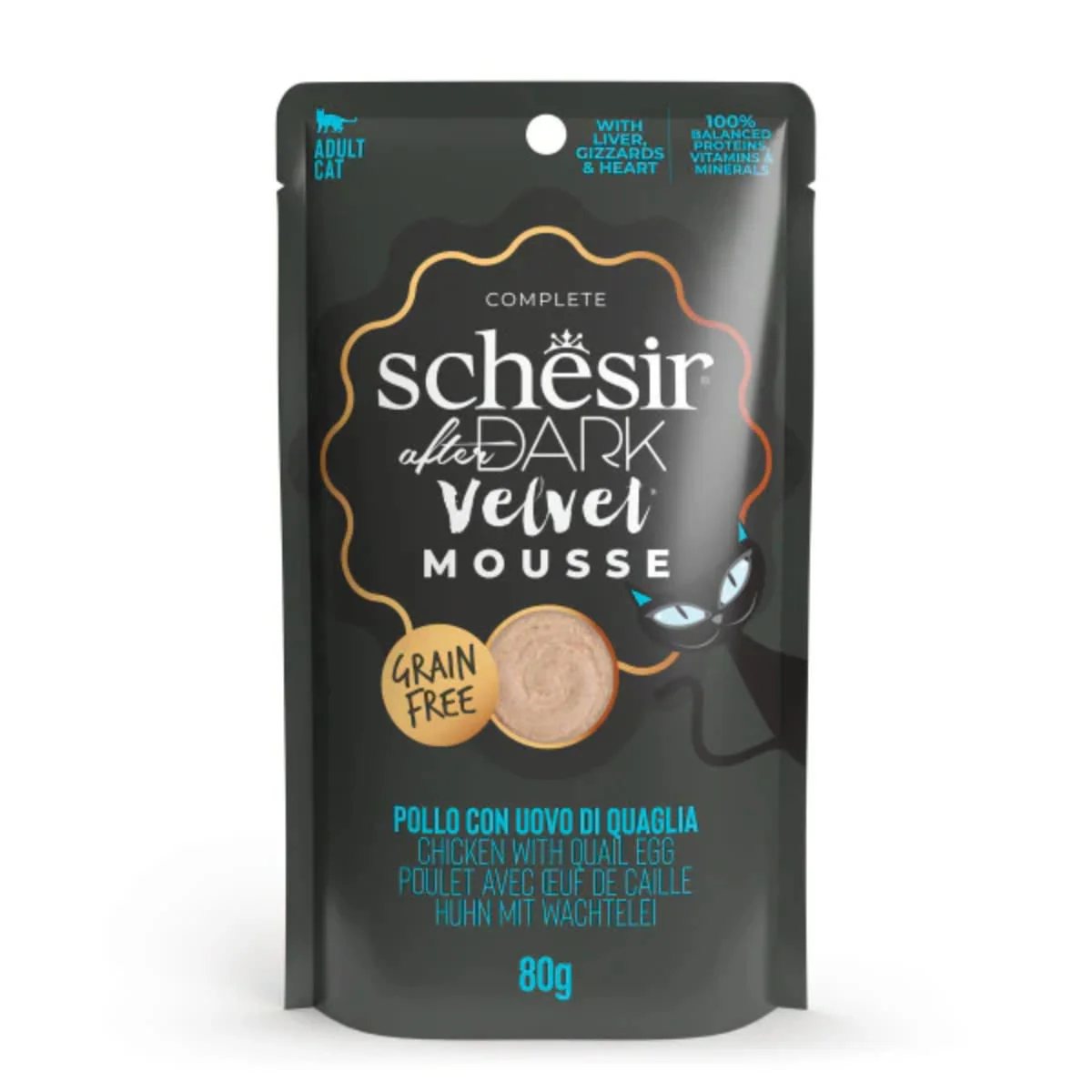 SCHESIR After Dark Velvet Mousse, Pui și Ou de Prepeliță, plic hrană umedă fără cereale pisici, (mousse), 80g