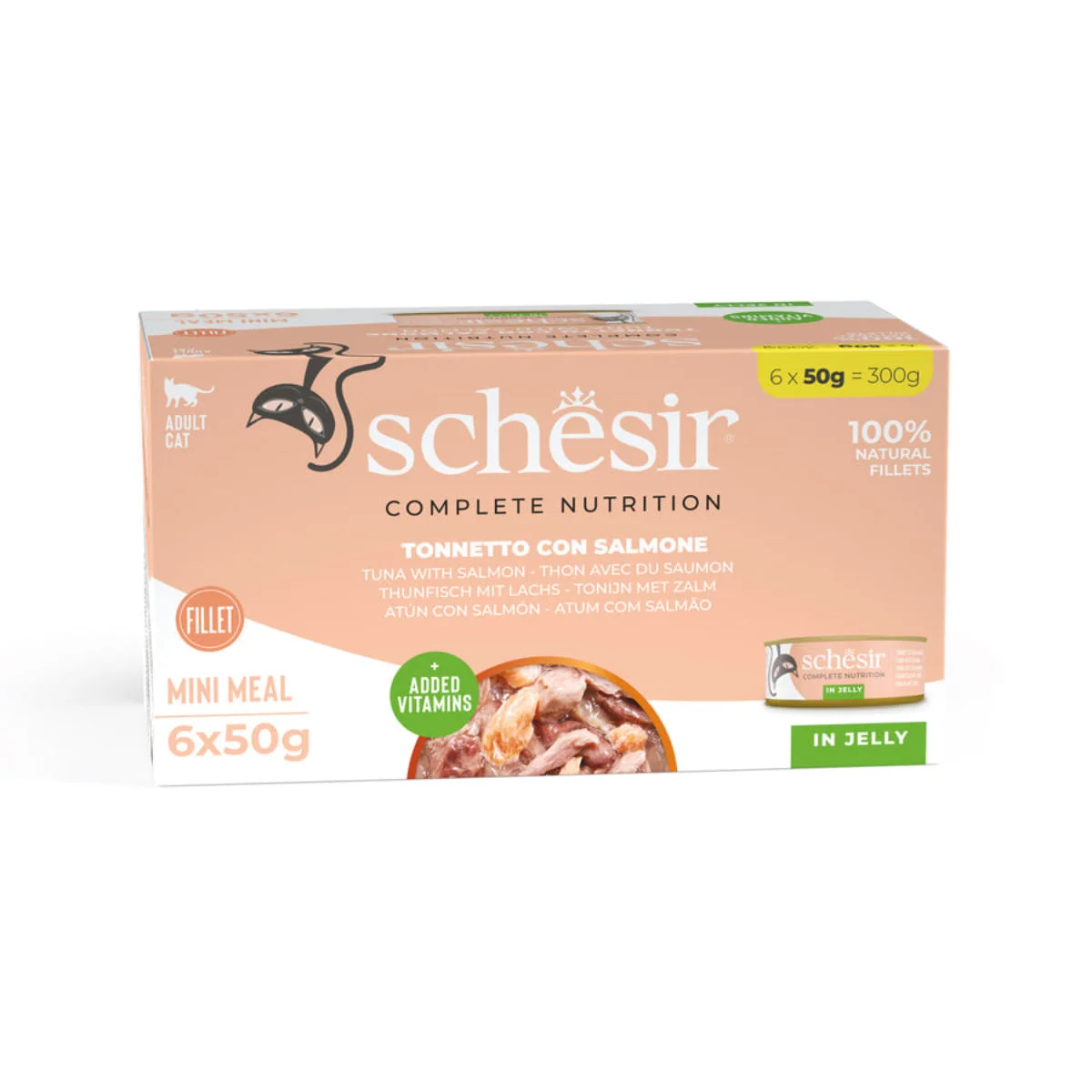 SCHESIR Complete Nutrition, Ton și Somon, conservă hrană umedă pisici, (în aspic), multipack, 50g x 6buc