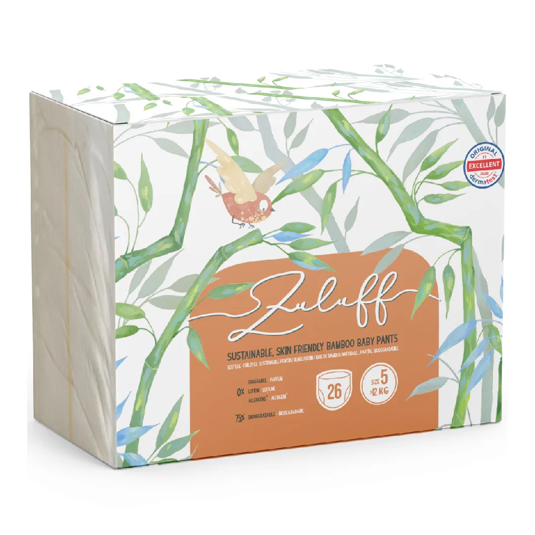 Scutece chilotel de unica folosinta din bambus, Nr. 5, +12 kg, 26 bucati, Zuluff