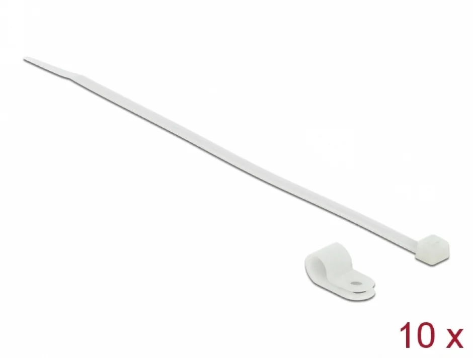 Set 10 bride L 200 x W 3.6 mm + 10 cleme montare 6.4 mm Alb, Delock 18863