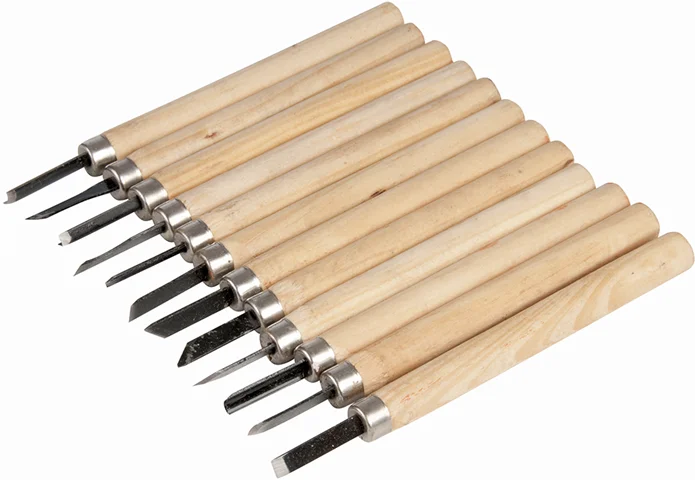 Set 12 mini dalti sculptura lemn lut și ceară cu maner de lemn