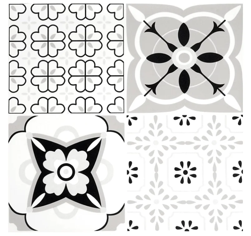 Set 12 placi autocolante din vinil 30 x 30 cm rezistente la apa model FLORAL ALB NEGRU DP0202