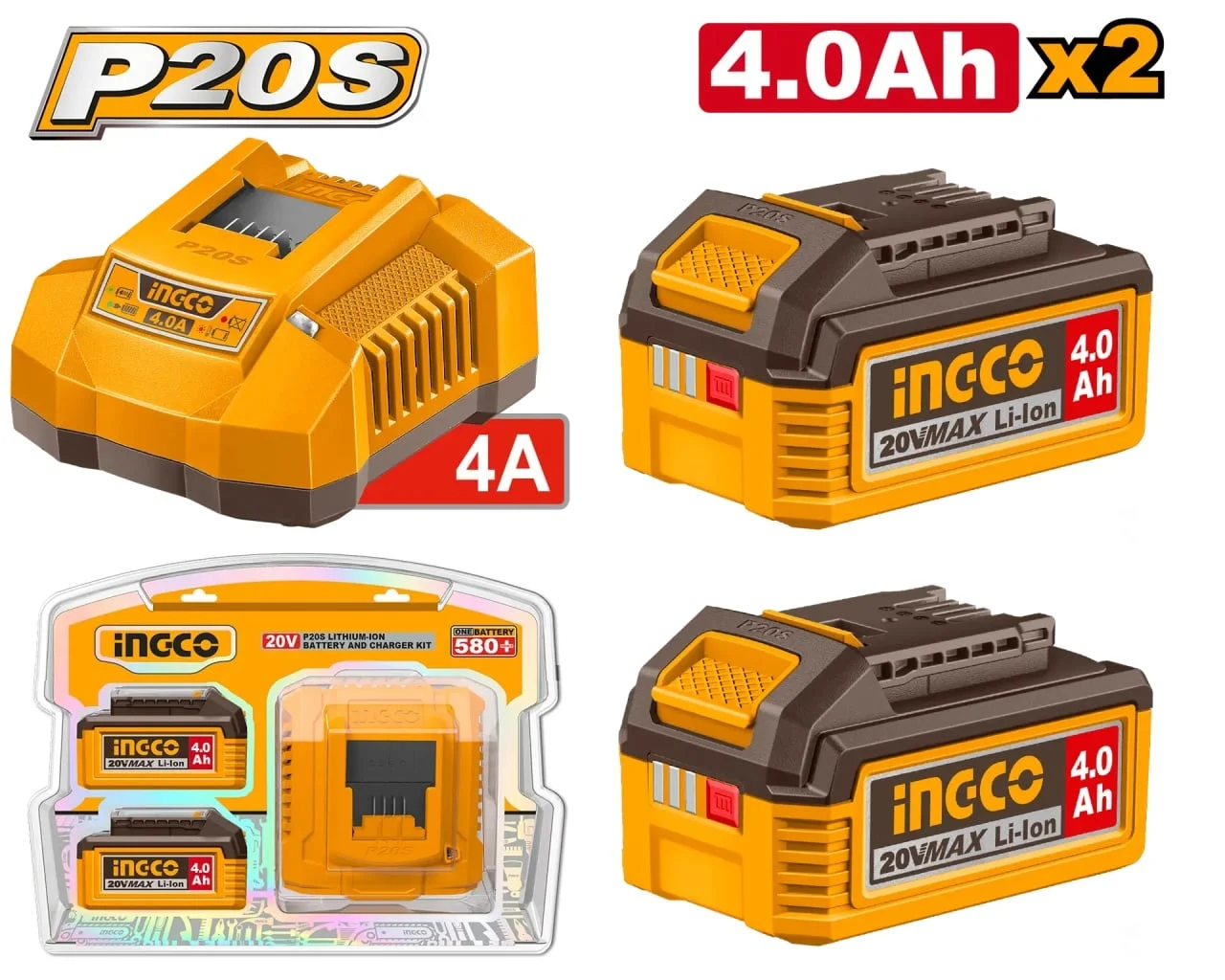 Set 2 Baterii 20V 4Ah + Incarcator Rapid INGCO – FBCPK2013E, Li-Ion, 4A, compatibil platforma P20S, cu LED indicator, autonomie extinsa
