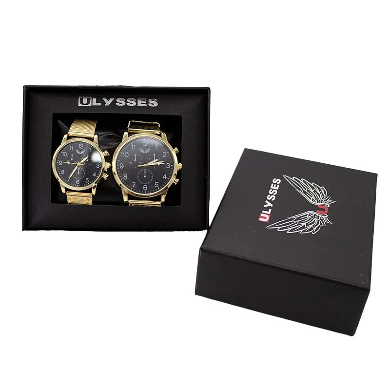 Set 2 ceasuri Ulysses dama si barbatesc, cu bratara din otel inoxidabil, Gold