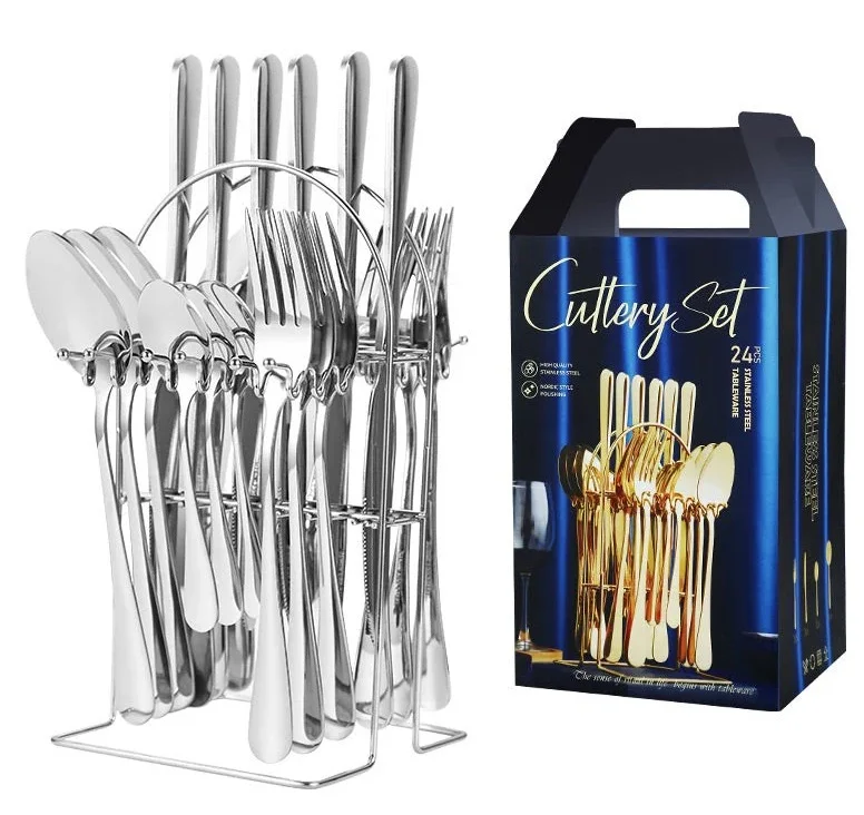 Set 24 piese tacamuri ARGINTII cu suport otel inoxidabil