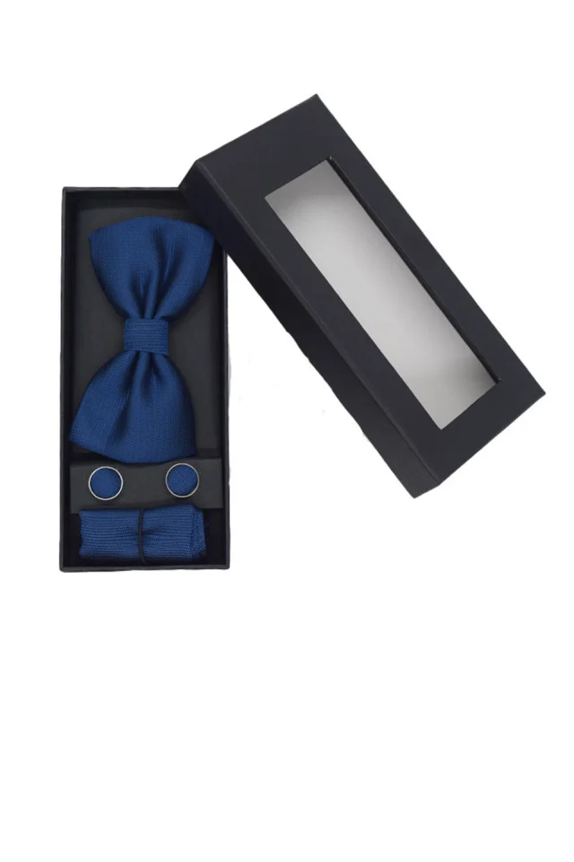 Set 3 piese Elegant, pentru barbati, papion, buton si batista din stofa, albastru, EG013