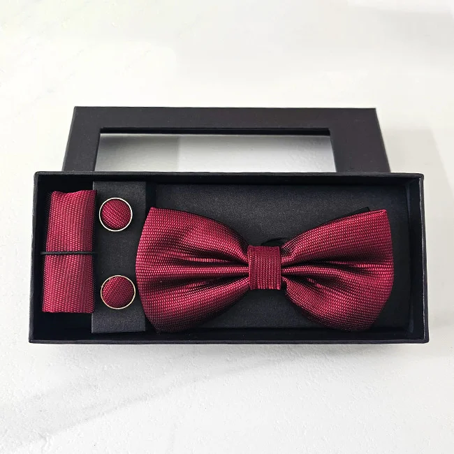 Set 3 piese Gentleman, pentru barbati, papion, buton si batista din stofa, Bordo