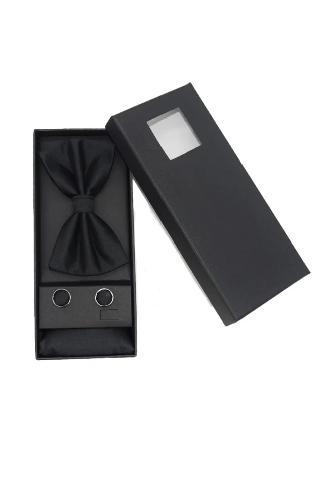 Set 3 piese Gentleman, pentru barbati, papion, buton si batista din stofa, negru, GL011