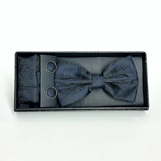 Set 3 piese Mistery, pentru barbati, papion, butoni si batista din stofa, negru cu imprimeu