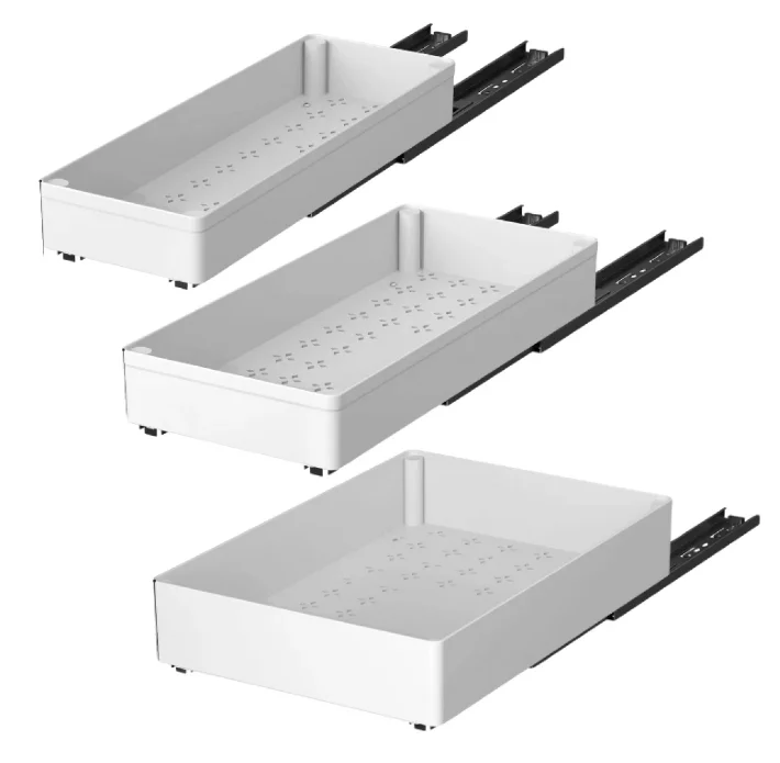 Set 3 sertare cu glisiere autoadezive soft close extragere totala sina cu extensie 3 dimensiuni alb